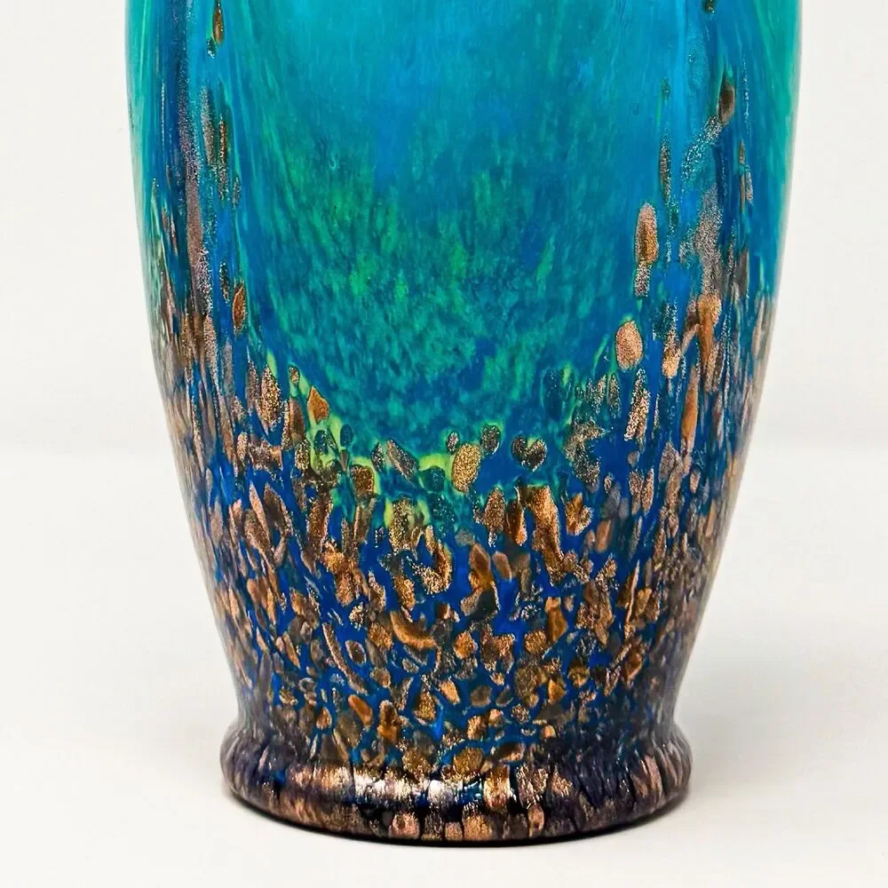 Dale Tiffany Vase Art Glass Teal Blue and Copper Applied Handles 9.5